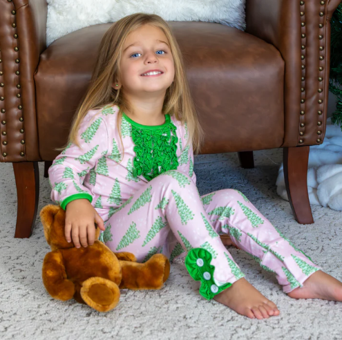 Sugar Bee Clothing - Wholesale Sleepwear Set - Kids - Christmas 2025 Pajamas - Ruffle Buttflap - Pink Trees 2