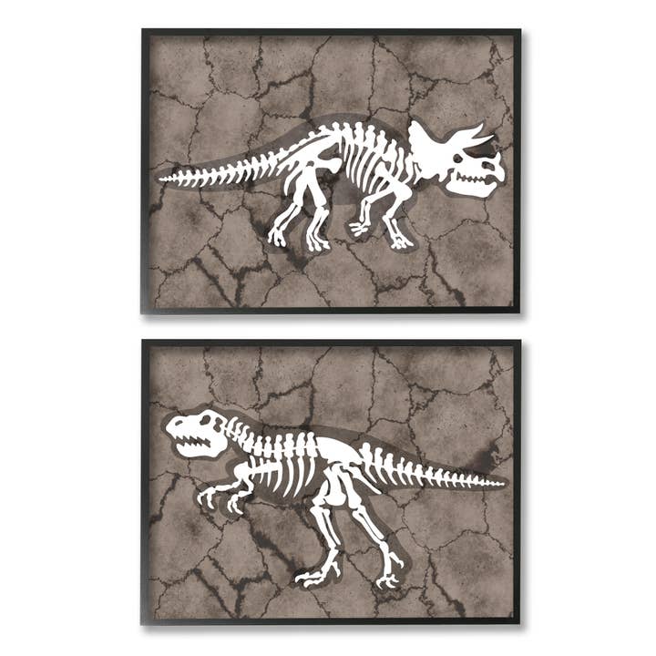 Stupell Industries – wholesale Konsttryck – Dinosaurie skelett artefakter knäckt jorden 2pc blk ram barn