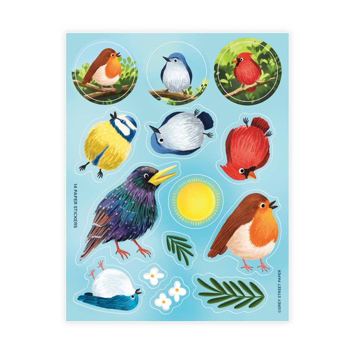 Feuille d'autocollants en papier d'oiseaux colorés pour la vente par Grey Street Paper