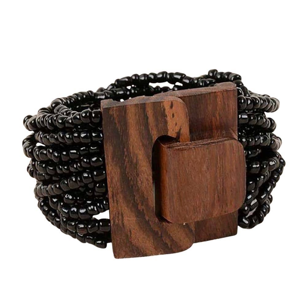 Pink House Imports - Vente Bracelet de perles - Bracelet en perles de verre de Bali avec boucle en bois0