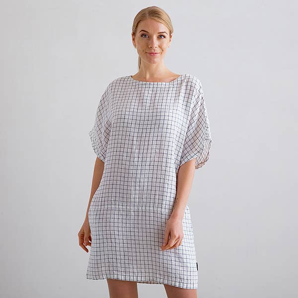 LinenMe – wholesale Dress – Women's – Linen Tunic Dress Off White Navy Check Bianca1