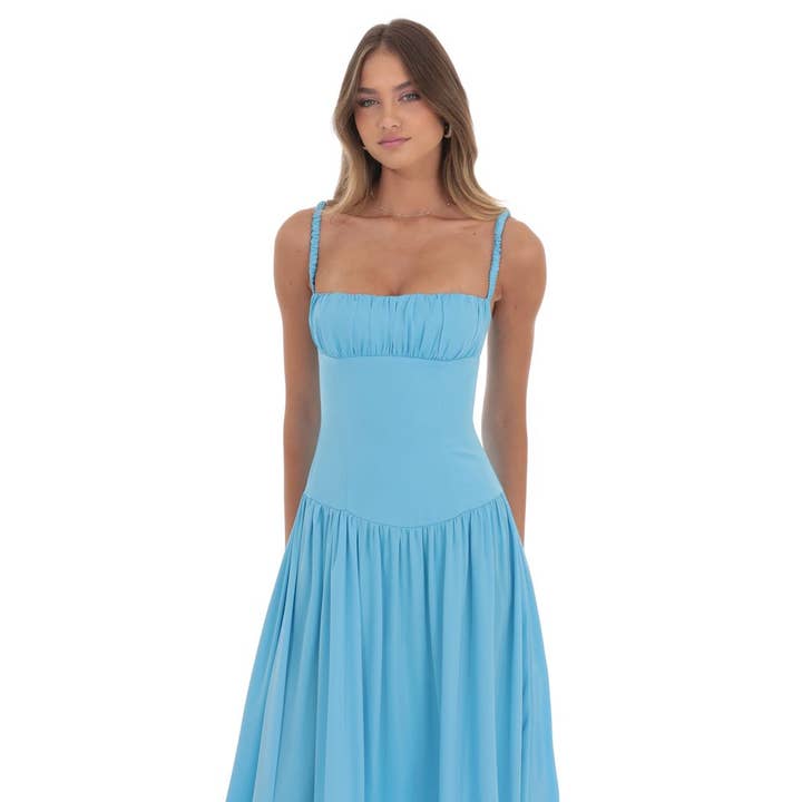 Lucy In The Sky - Wholesale Dress - Women's - Satin Ruched Bust Maxi Dress in Aqua Blue