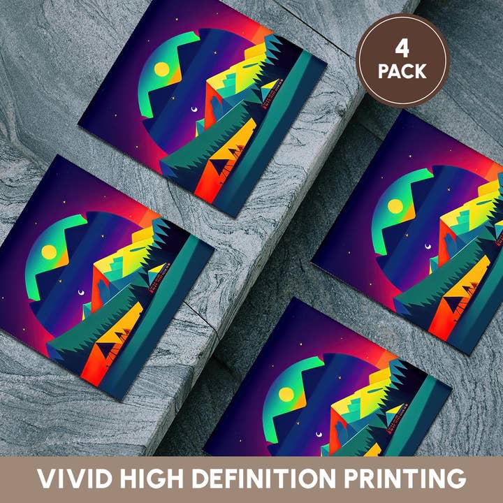 3dRose - Vente Sous-verre - 3dRose, Paysage fantastique décoratif de tentes, montagnes. Cadeau pour campeur heureux, Dessous de verre5