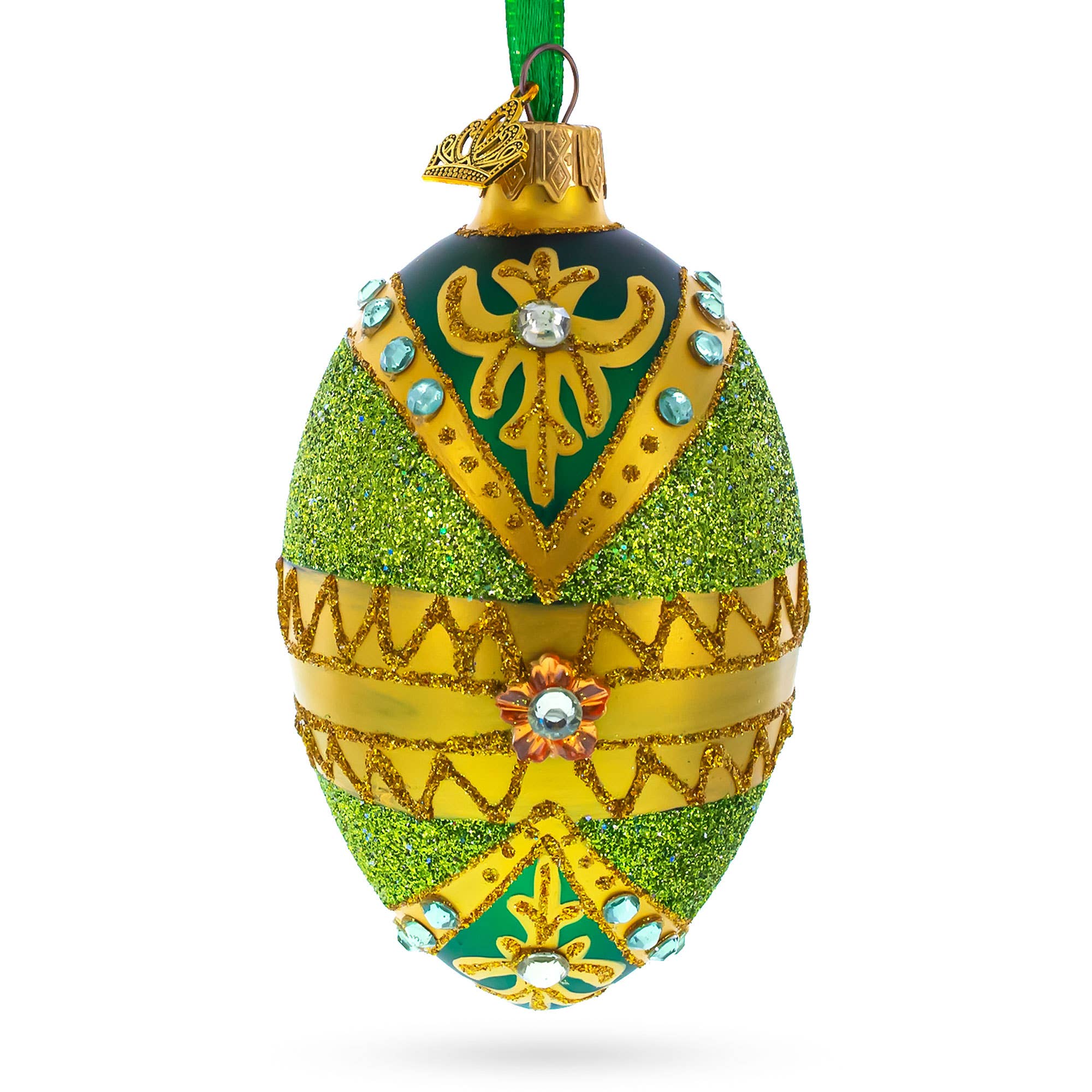 BestPysanky – wholesale Ornament – White Jewels on Glittered Green Glass Egg Ornament 4 Inches0