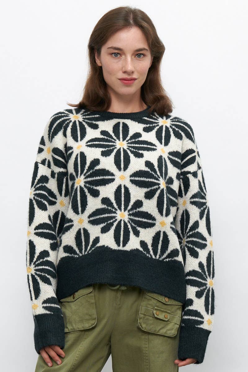 Newbury Kustom - Wholesale Knit Sweater - Women's - 11163-Floral Pattern Crew Neck Sweater3