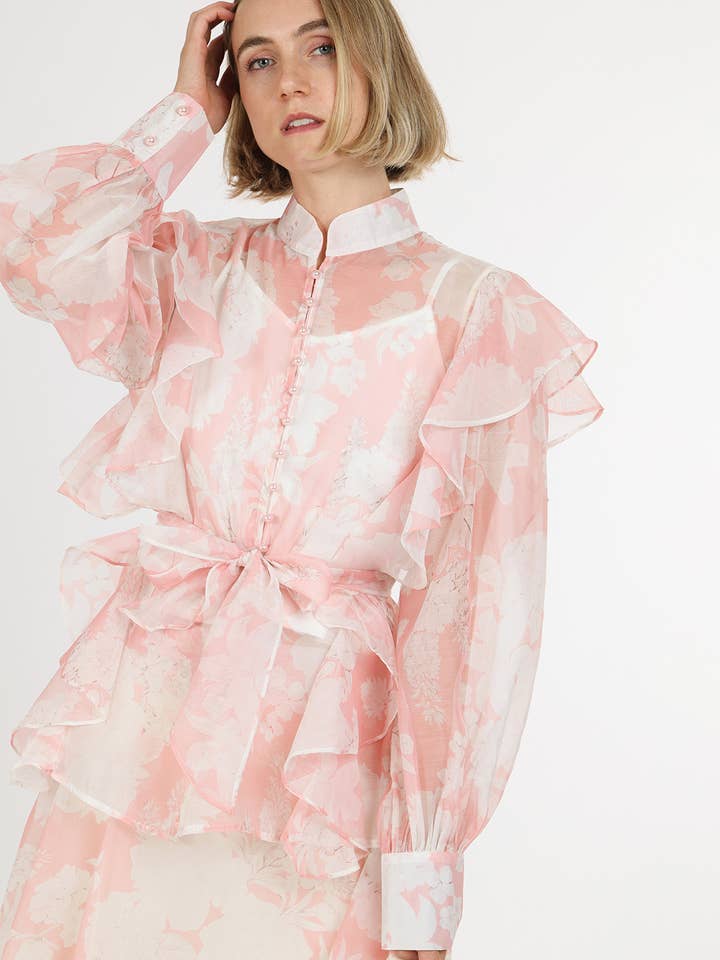 Top trasparente con stampa floreale e volant & Gonna lunga QC6282 per la vendita all'ingrosso da parte di Beulah Style