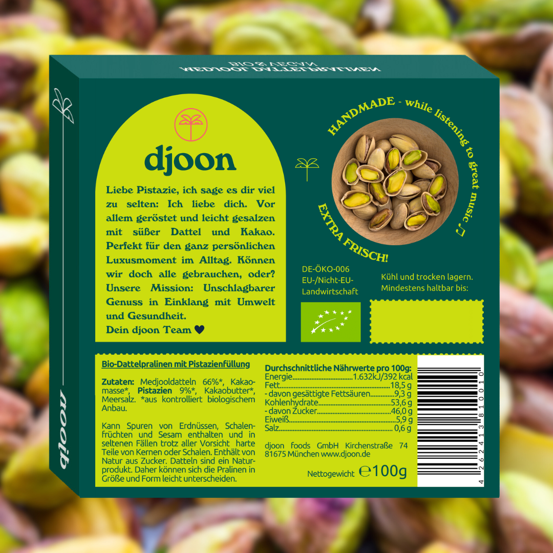 djoon – Doces cobertos de chocolate por atacado – Chocolate de tâmaras: Bomba di Pistacchio (orgânico)6