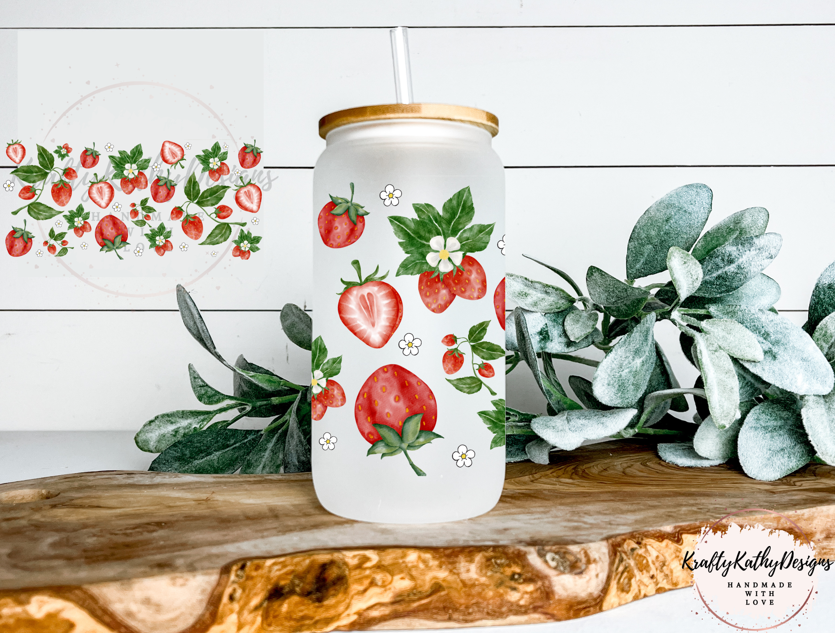 KraftyKathyDesignsCo - Vente Verre/tasse - Canette à bière, fraise, printemps, fruits, café glacé1