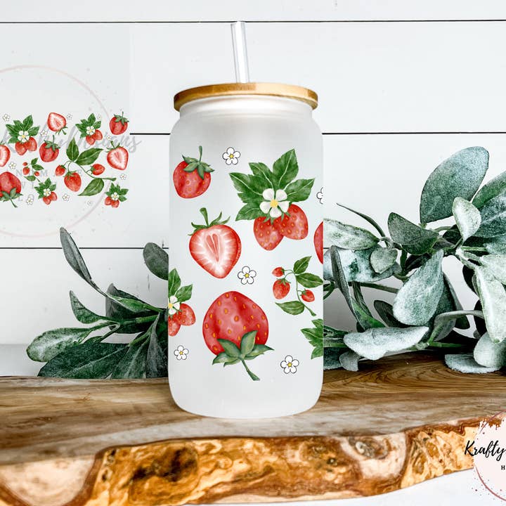 KraftyKathyDesignsCo - Vente Verre/tasse - Canette à bière, fraise, printemps, fruits, café glacé1