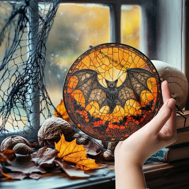 NVC Ecommerce LLC - Wholesale Suncatcher - Halloween Bat Faux Stained Glass Suncatcher, Gothic Ghost