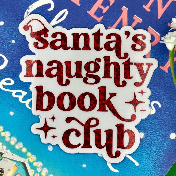 Santa's Naughty Book Club Glitter Sticker for wholesale by Awfullynerdy.co