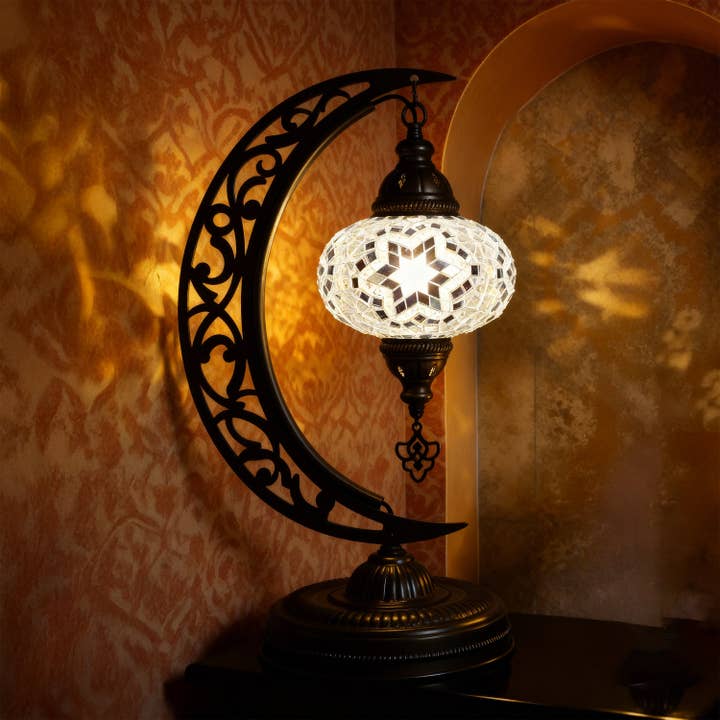 Turkish Mosaic Crescent Table Lamp (White) for wholesale by Mozaist LLC