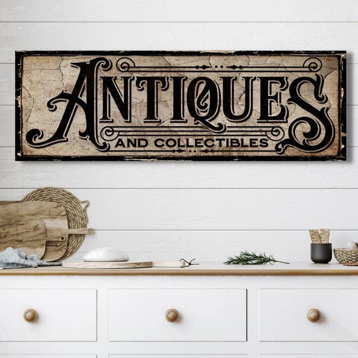 Vintage Antiques & Collectibles Canvas Sign Distressed Art for wholesale by Olive Branch Farmhouse