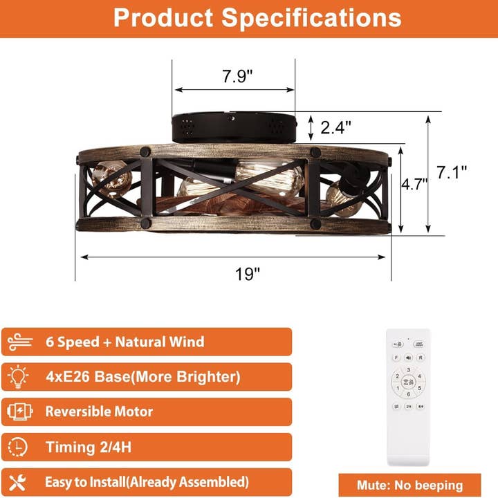ShipItFurniture - Wholesale Ceiling Fan - Farmhouse Flush Mount Caged Ceiling Fans with Lights, 6 Speeds, Rustic Low Profile Ceiling Fan with Light and Remote, Small Bladeless Ceiling Fans with Lights for Kitchen, Bedroom