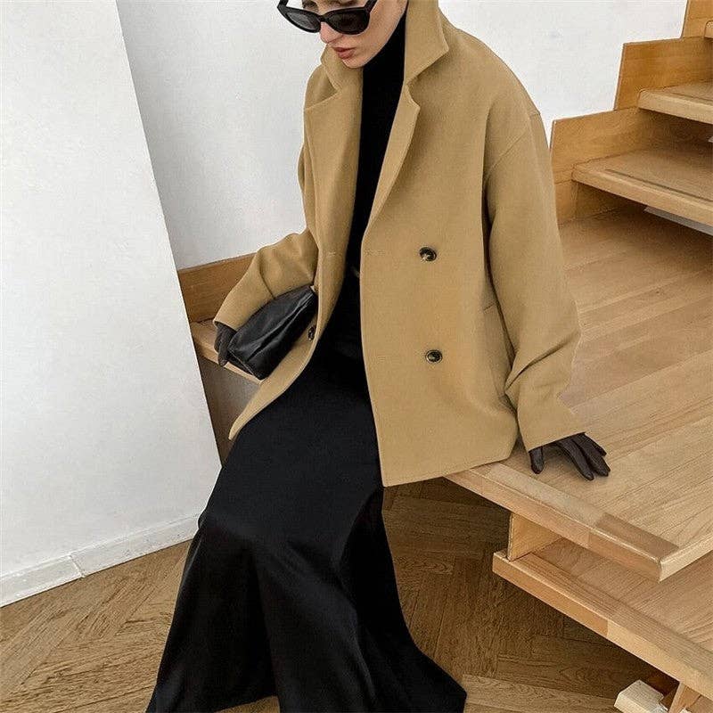 Brown Long Loose Thick Double Breasted Wool Coat for wholesale on Faire2