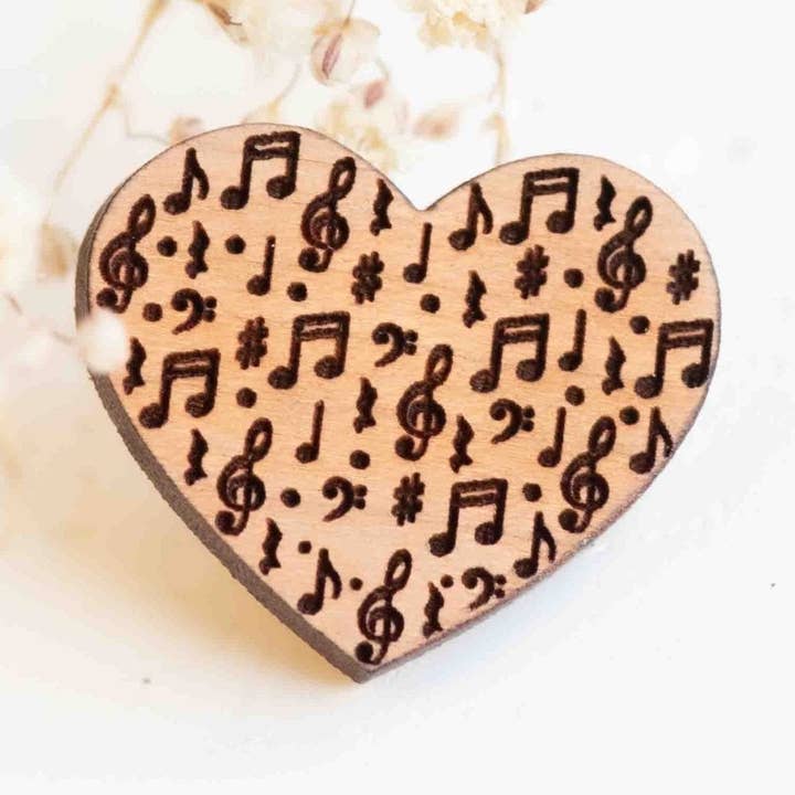 Handmade Heart Shaped Music Notes Wooden Pin Badge - PT45200 for wholesale by Robin Valley