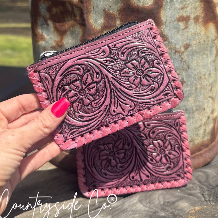 Pink Tooled Leather Pouch, Bag Organizer for wholesale by Countryside Co.