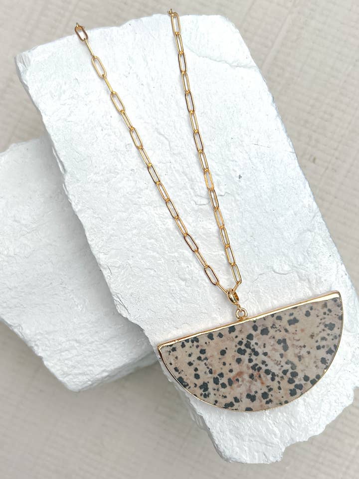 Dalmation Jasper Big Semi Circle Gold Plated Necklace for wholesale by Roc Jewellery