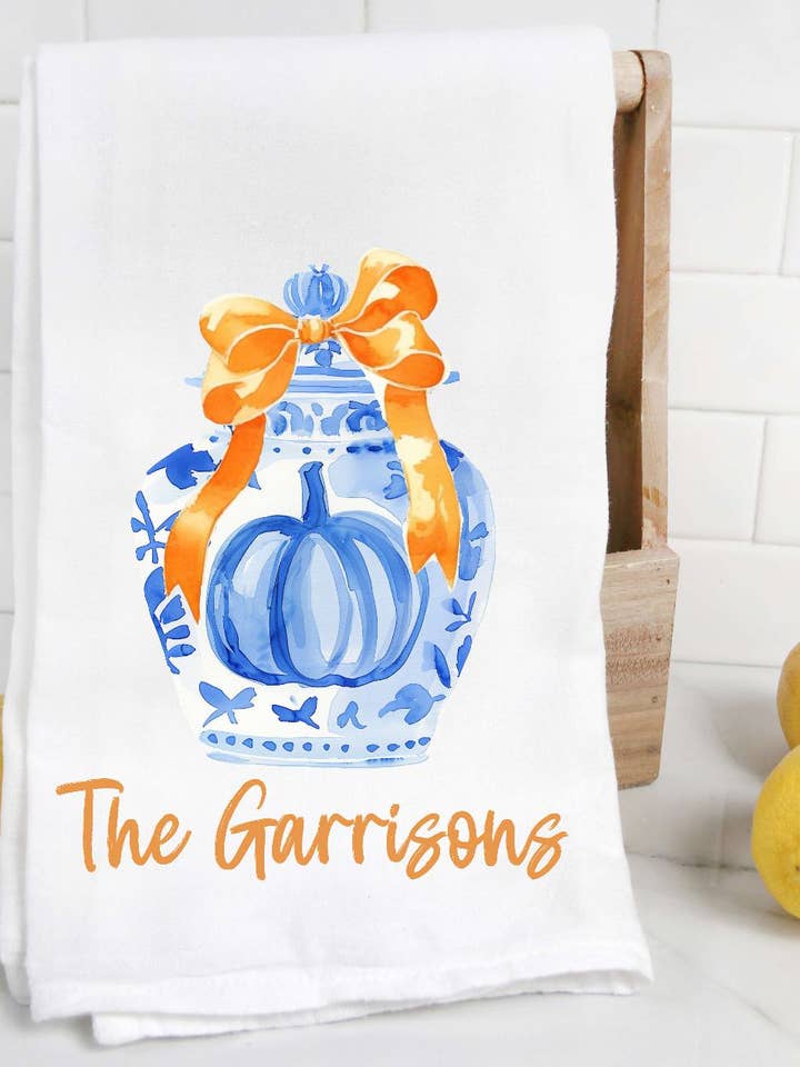 Personalized Chinoiserie Fall Pumpkin Tea Towel for wholesale by The Preppy Pineapple Home