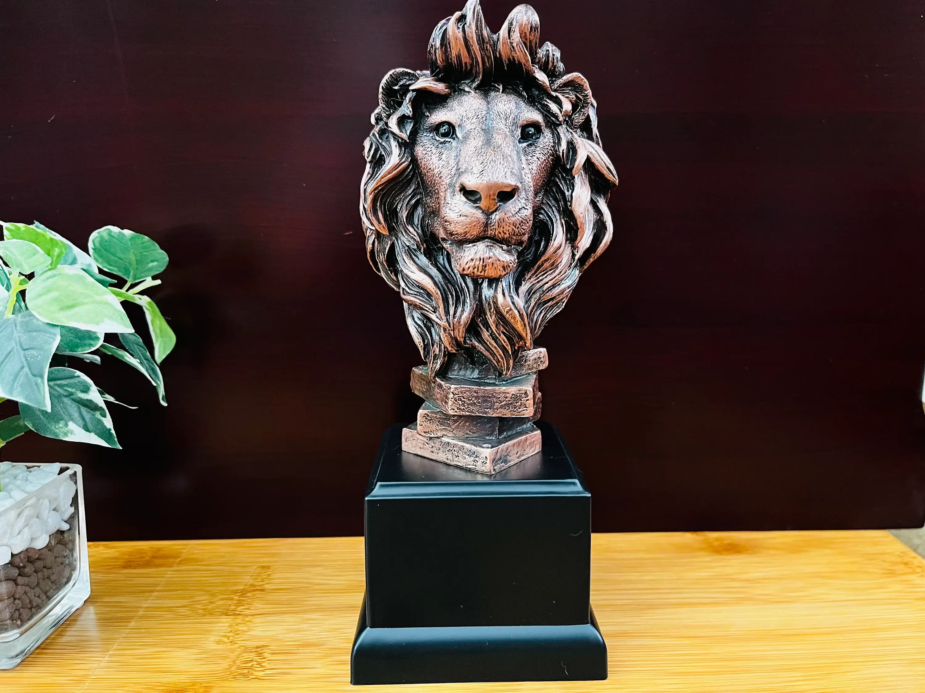 KSR Designs - Wholesale Sculpture - Bronze Finish Lion Head Sculpture on Base, 9"H x 3.50"W0