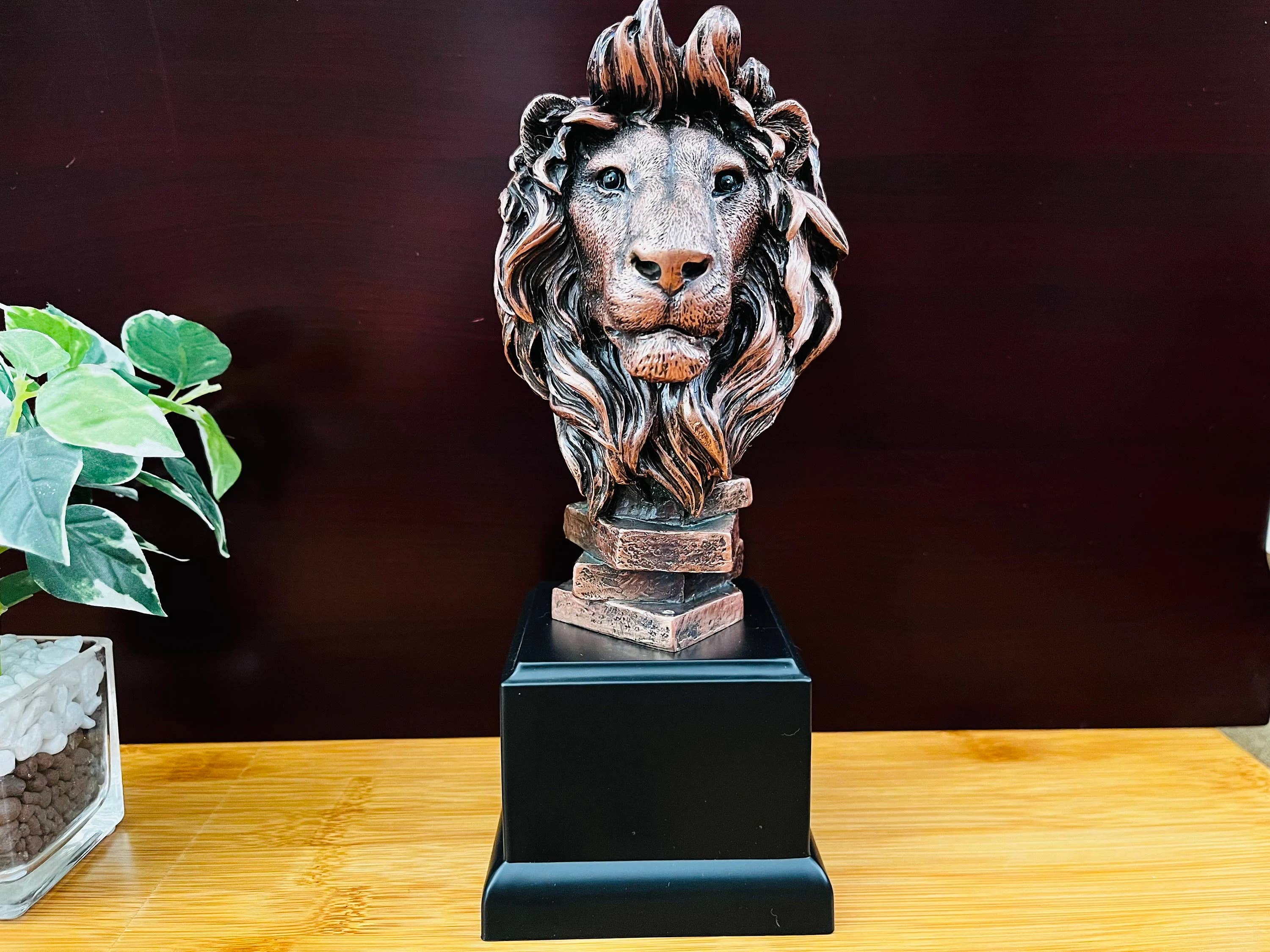 KSR Designs - Wholesale Sculpture - Bronze Finish Lion Head Sculpture on Base, 9"H x 3.50"W