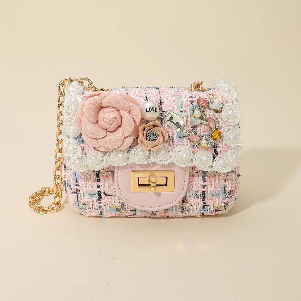 Sensibling Corp. - Wholesale Crossbody Bag - Women's - Floral Pearl Stone Cluster Embellished Tweed Mini Handbag / Crossbody Bag8