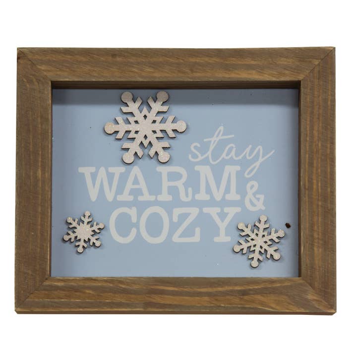 Stay Warm & Cozy Snowflake Framed Sign for wholesale by Col House Designs
