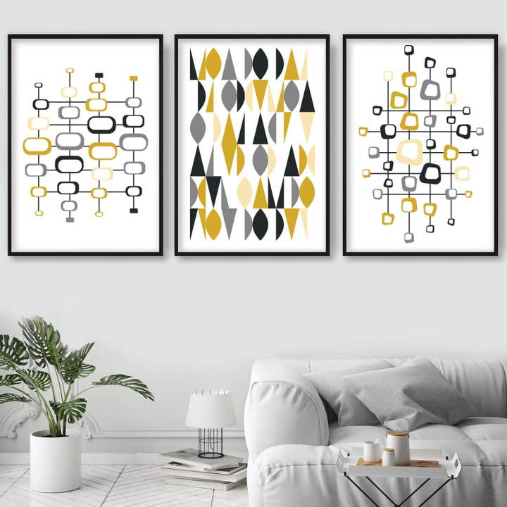 Set of 3 Yellow Grey Mid Century Modern Wall Art Prints for wholesale by Artze Wall Art