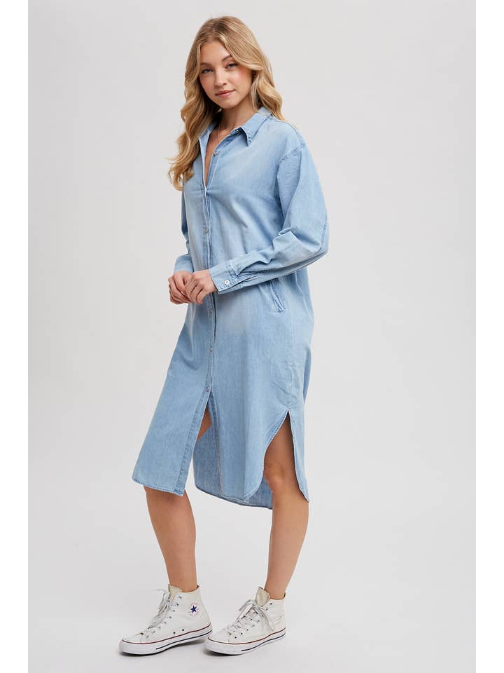 Bluivy - Wholesale Dress - Women's - DENIM LONGLINE SHIRT MIDI DRESS