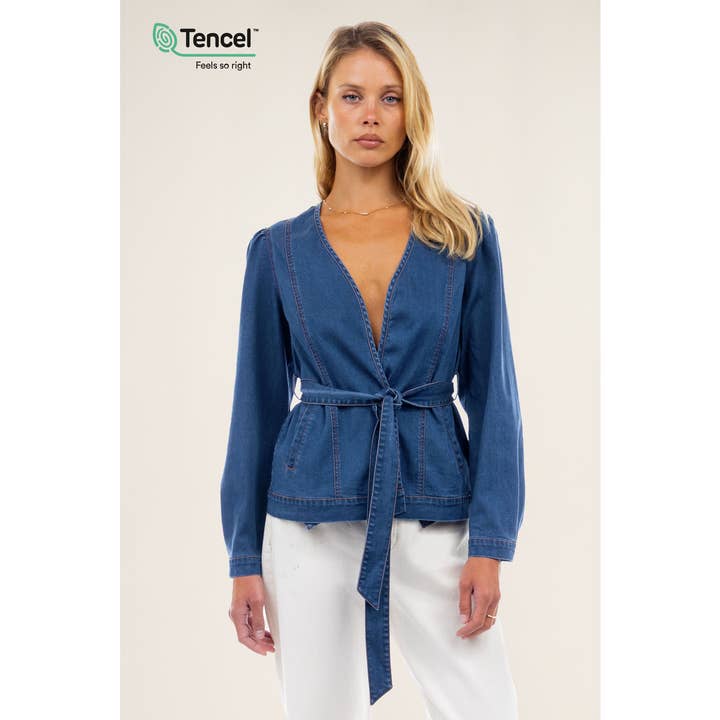 Naked Zebra - Wholesale Jacket - Women's - Deep V Tencel Jacket With Waist Tie1