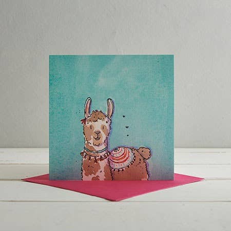 Blue Llama Greetings Card 'Lily' for wholesale by Helen Wiseman Illustration