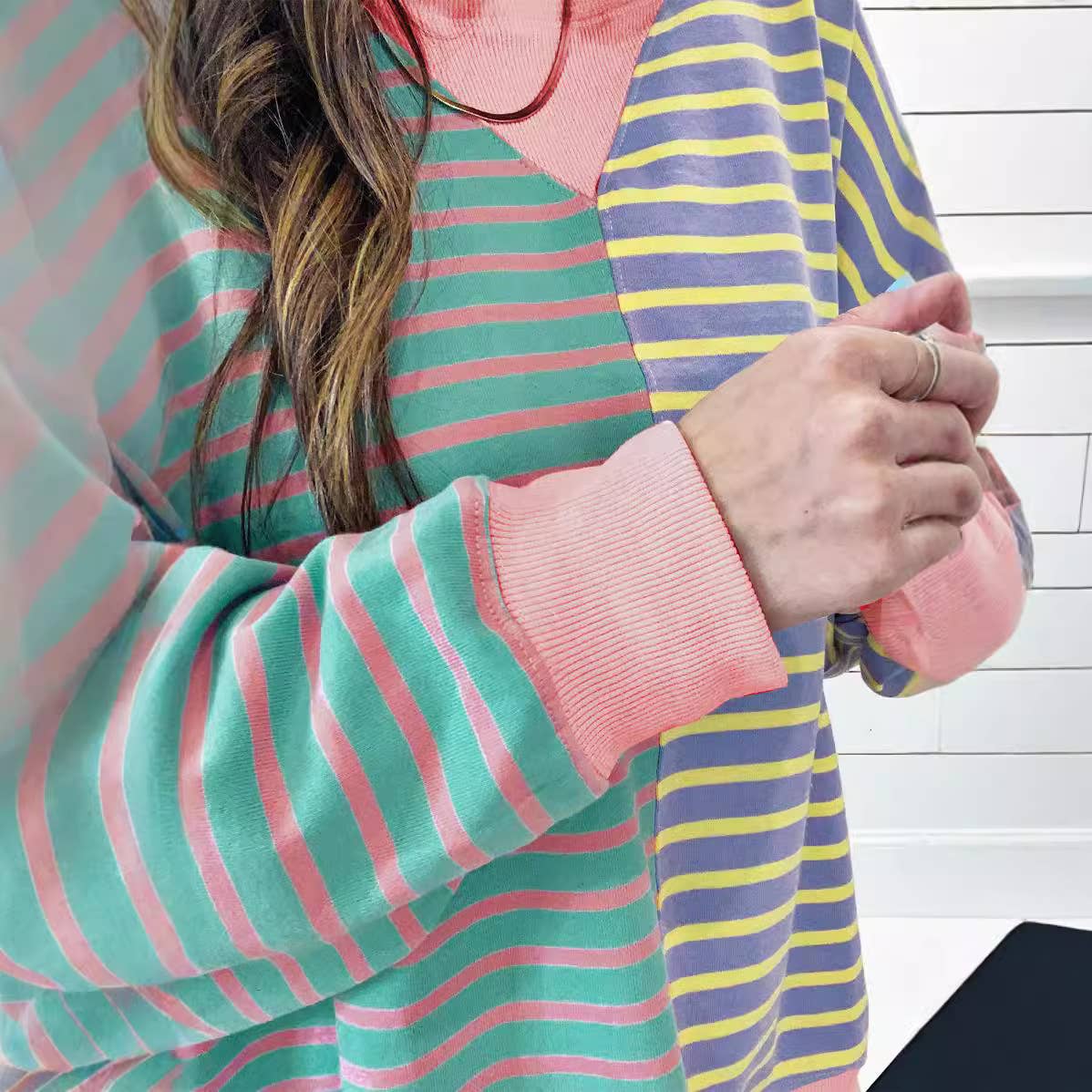 Rosa Clothing - Wholesale Sweatshirt - Women's - Casual Patchwork Contrasting Striped Sweatshirt2