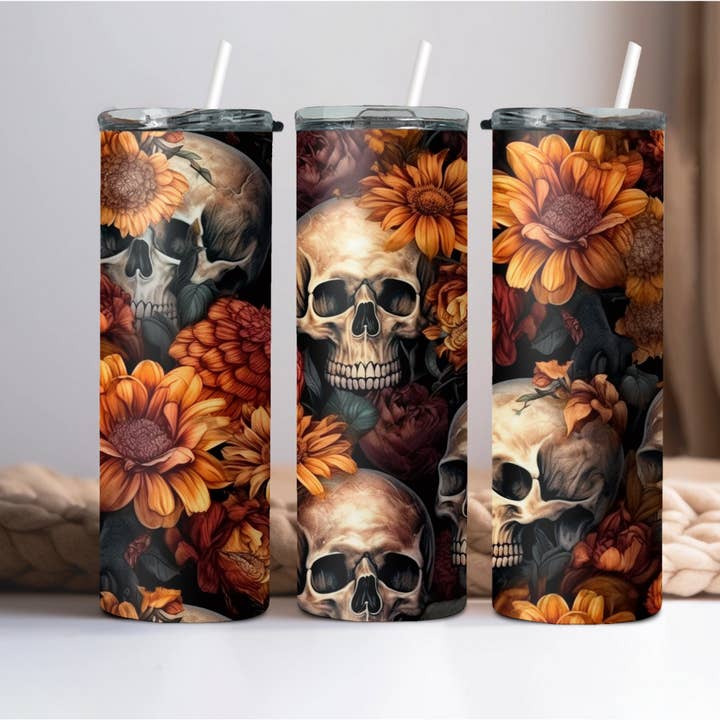 Skulls and Sunflowers Tumbler for wholesale by Wicked Flower Creations
