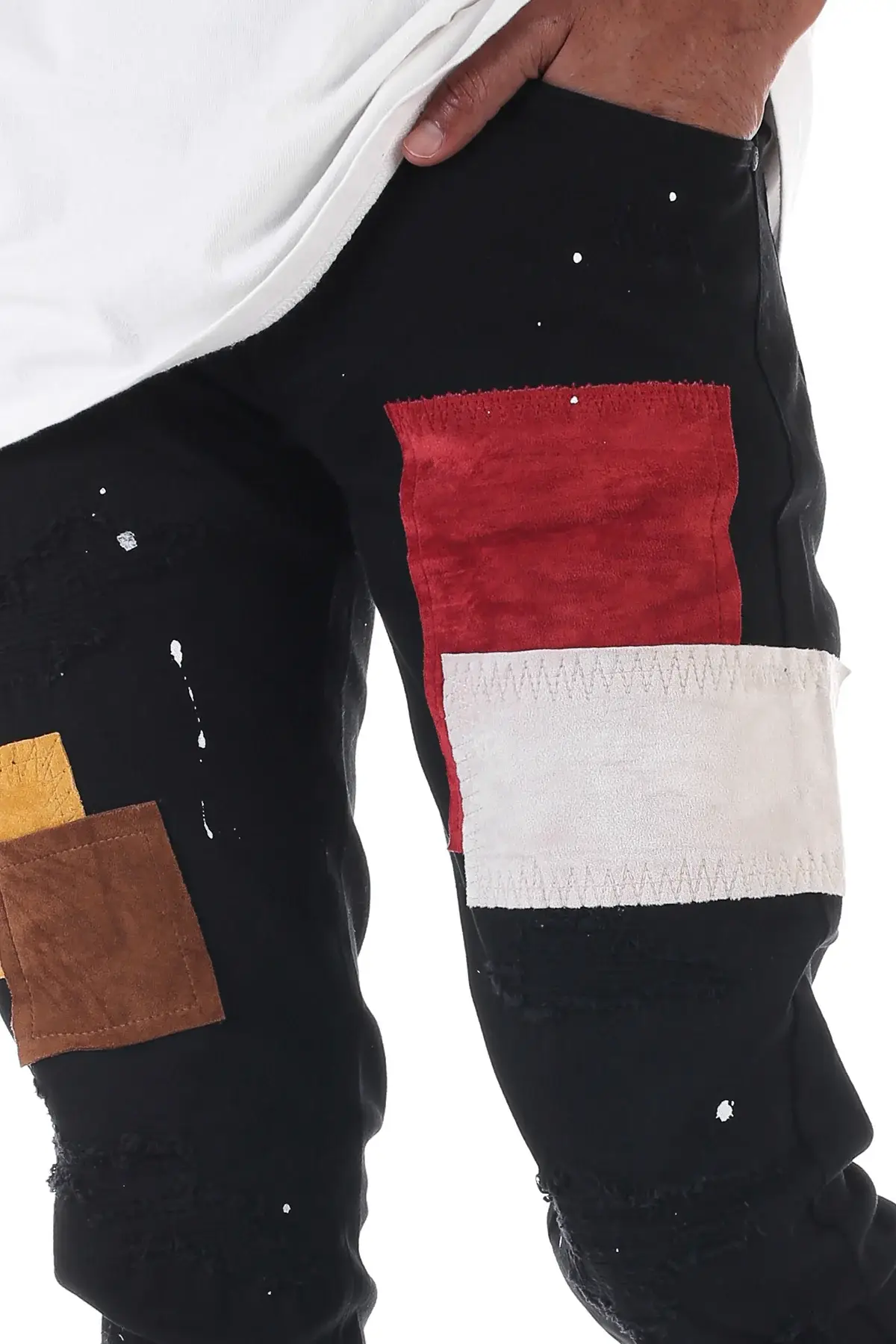 KDNK – calças de ganga - Homem por atacado – CALÇAS DE GANGA EM CAMURÇA COM RETALHOS4