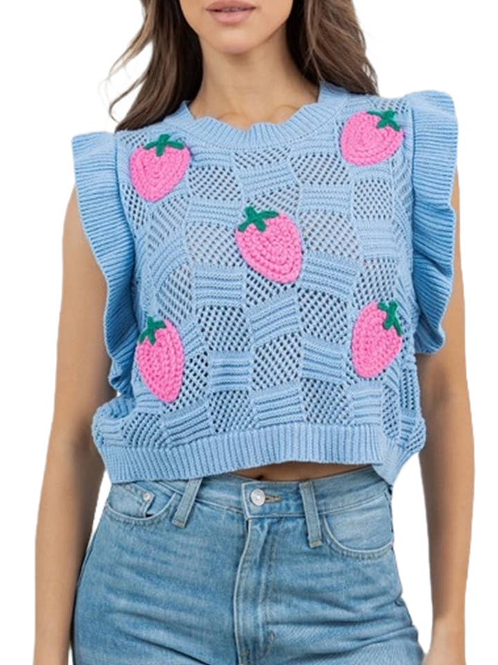 Knit Sweater Vest With Embroidered Strawberries for wholesale by Vanilla Monkey
