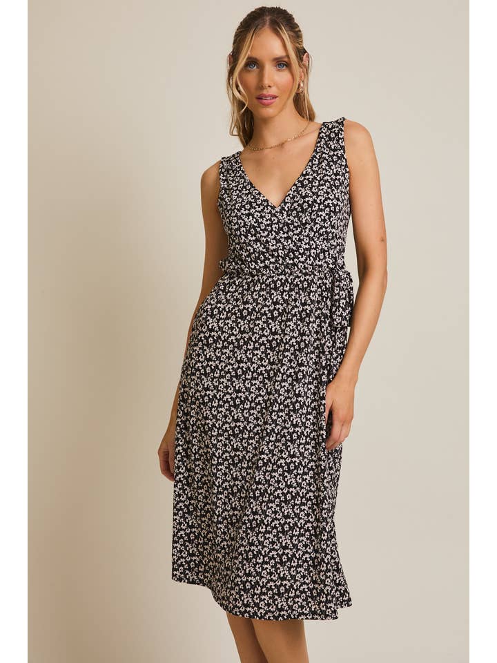 BLACK IVORY SLEEVELESS FAUX WRAP SIDE TIE MIDI DRESS for wholesale on Faire