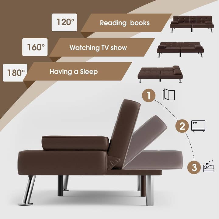 Brown Futon Sofa Bed Modern Folding Futon Set Convertible Recliner Lounge for Living Room with 2 Cup Holders, Removable Armrests (PU Leather, Brown) for wholesale on Faire