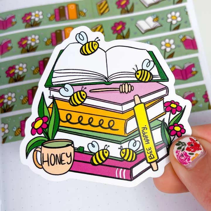 Bee Book Stack Premium Vinyl Sticker Decal for wholesale by Sweet Bean Plans