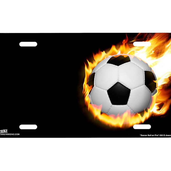 "Soccer Ball on Fire" - Decorative License Plate for wholesale by Airstrike
