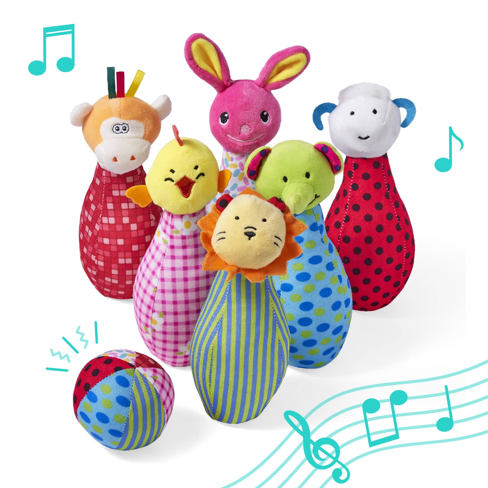 The Twiddlers - Vente Peluche – enfant et bébé - Set de bowling en peluche 6 quilles, quilles d’animaux en peluche avec balle4