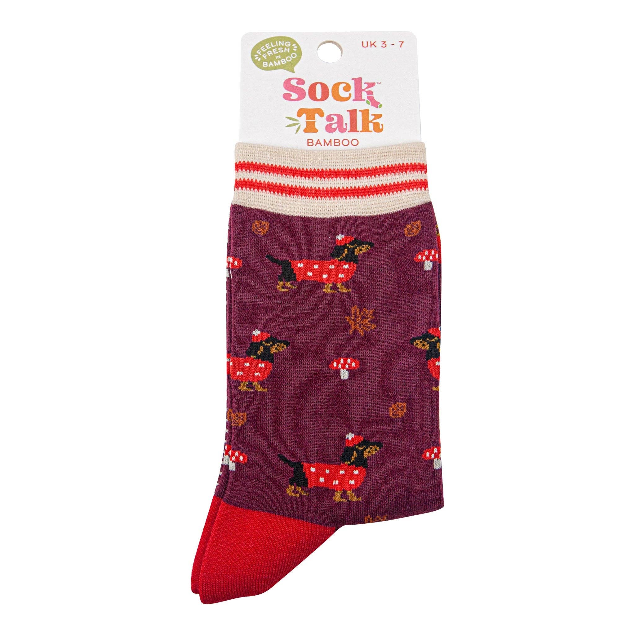 Sock Talk - Wholesale Socks - Women's - Women's Bamboo Socks - Berry/Cream, Sausage Dogs Toadstools3