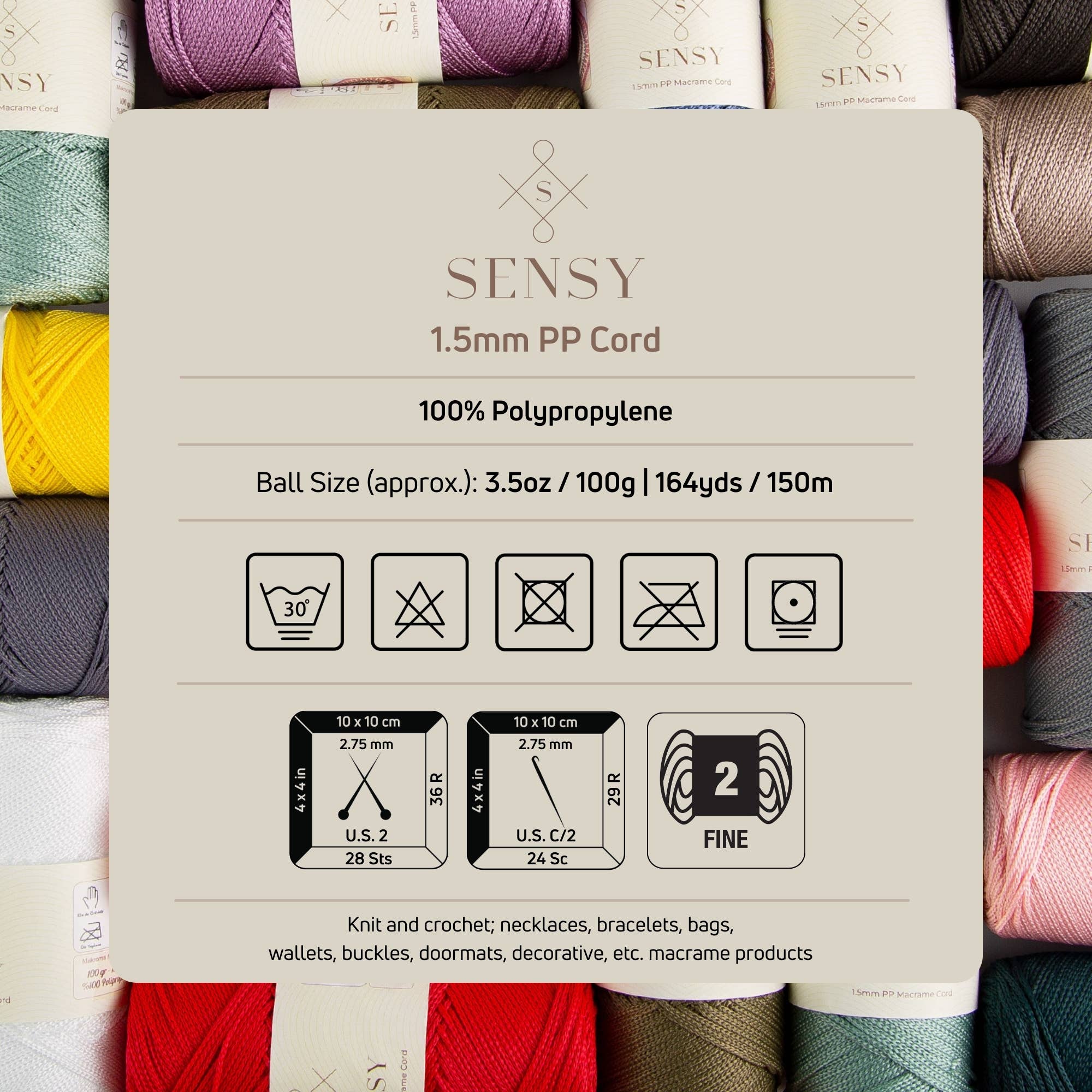 Sensy – Engroshandel Håndværk forsyninger – Sensy Premium 1,5 mm - 150 meter 100 % polypropylen makramésnor46