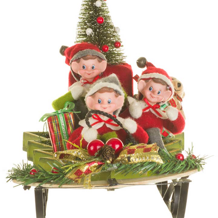 Starlight Collection - Wholesale Decorative Figurine - NEW-Red/Green Sledding Elves Figurine With Gifts0