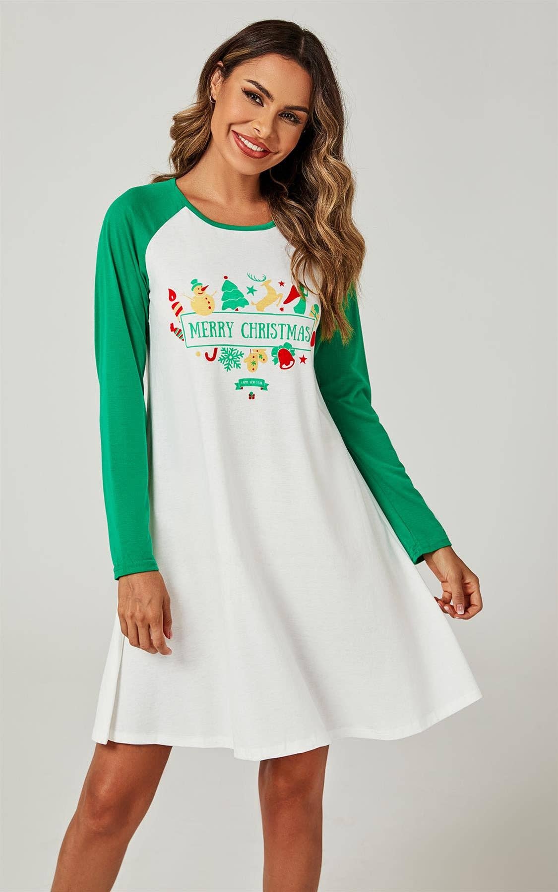 FS Collection – wholesale Nightgown – Women’s – Christmas Nightgown Holiday Sleepwear Mini Dress In White & Green4