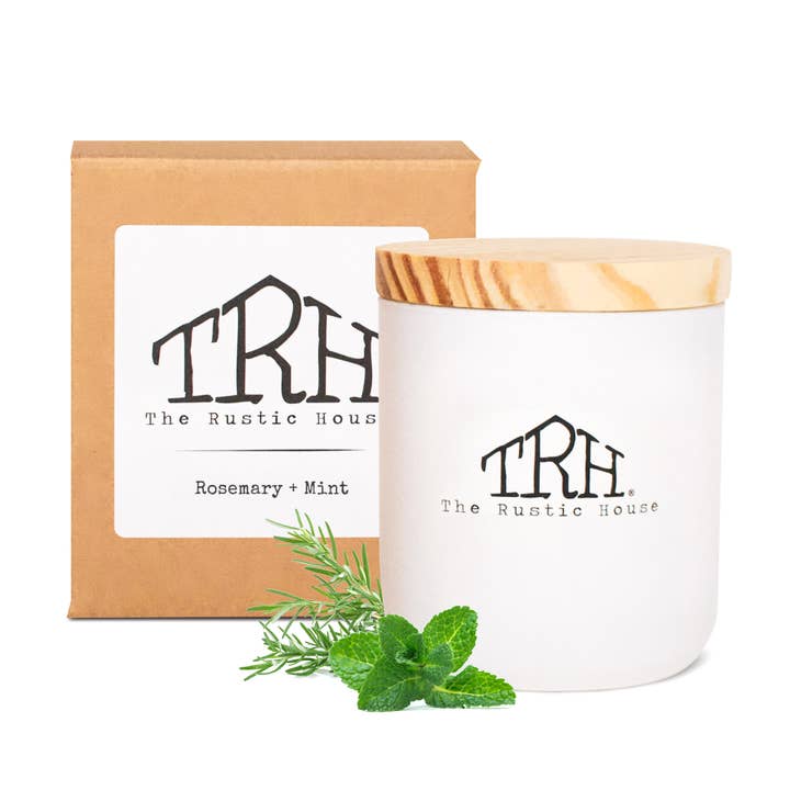 The Rustic House - Wholesale Jar/Filled Candle - Rosemary + Mint | White Soy Candle + Gift Box | 8oz.