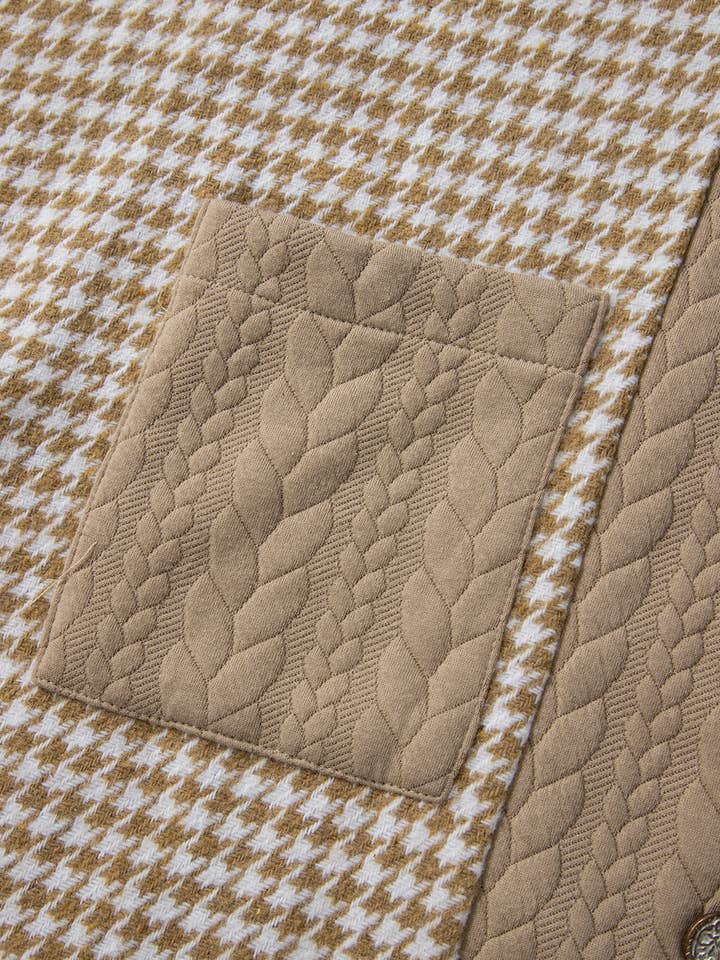 Khaki Houndstooth Color Contrast Textured Patchwork Shacket for wholesale on Faire9