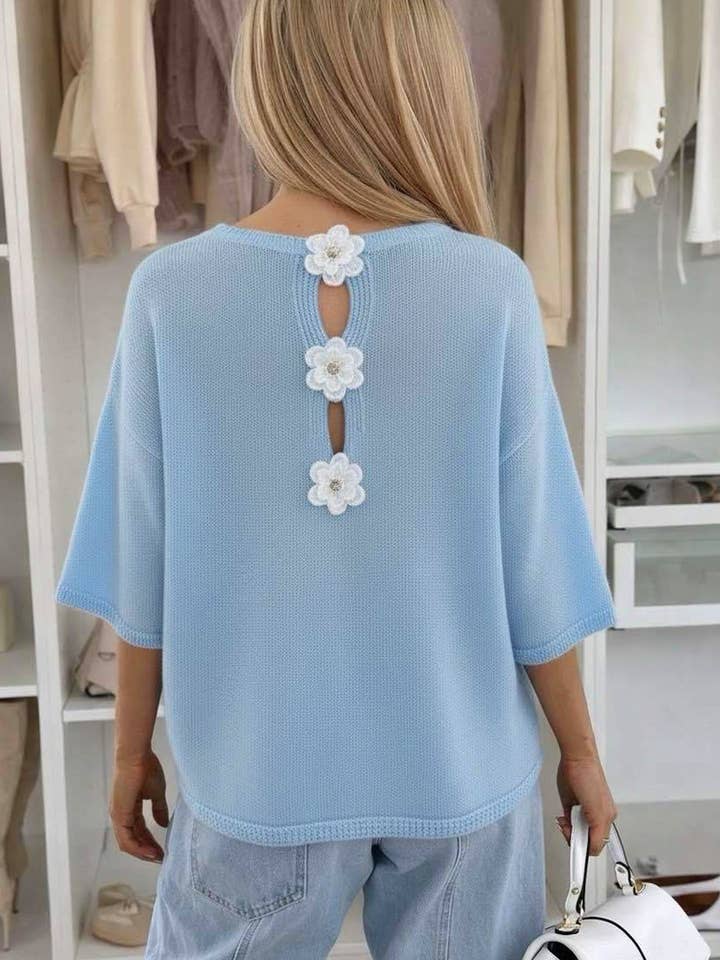 Phoebe Floral Appliqué Lightweight Open-Knit Fabric Knitted Jumper-Blue for wholesale by Catwalk Wholesale