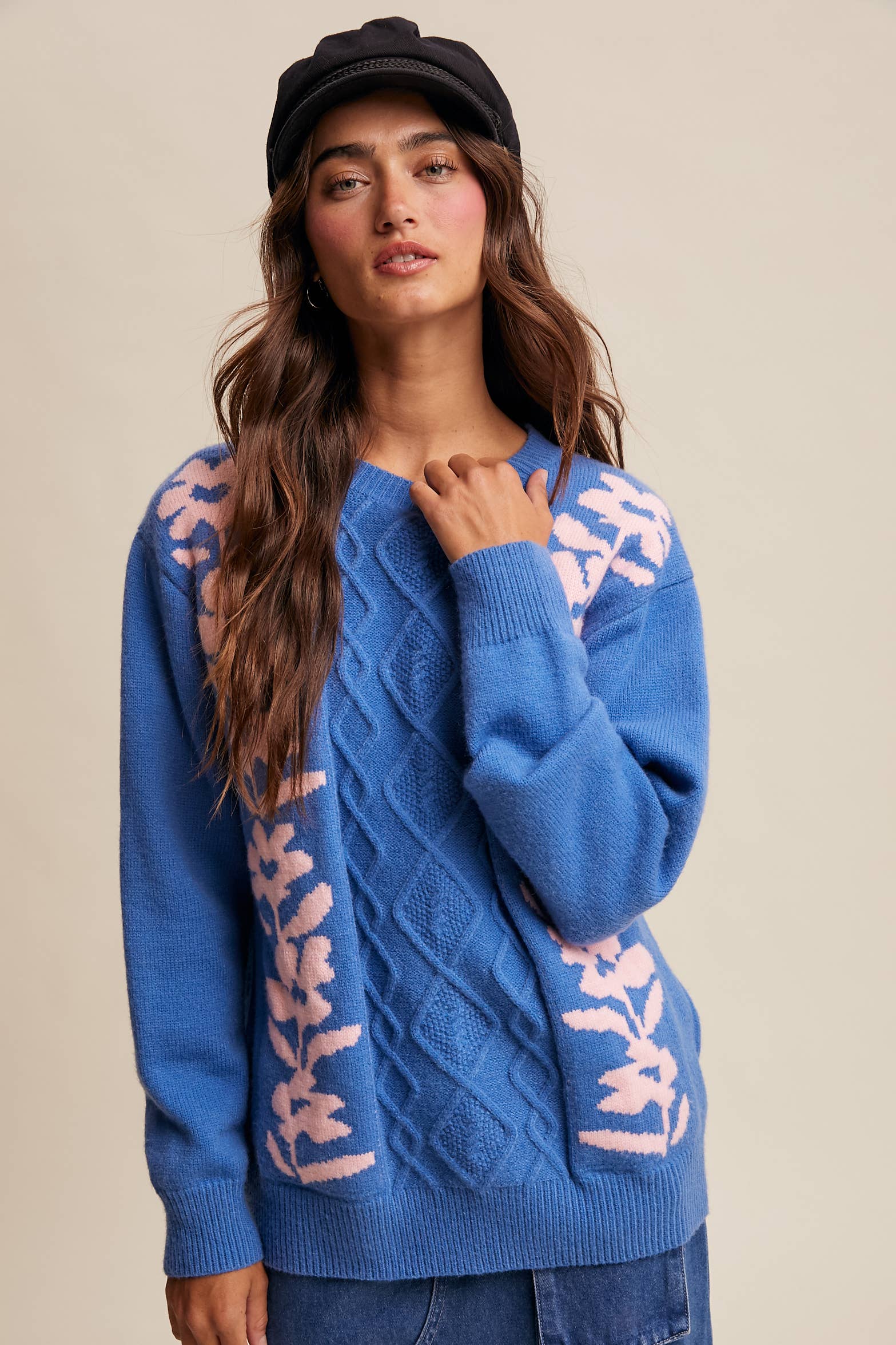 Listicle - Wholesale Knit Sweater - Women's - Floral Panel Cable Knit Sweater (LSW0880)2