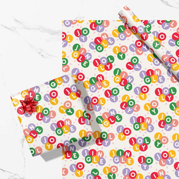 Feuille de papier cadeau recyclé Jingle Jolly Joy Christmas pour la vente par MASU
