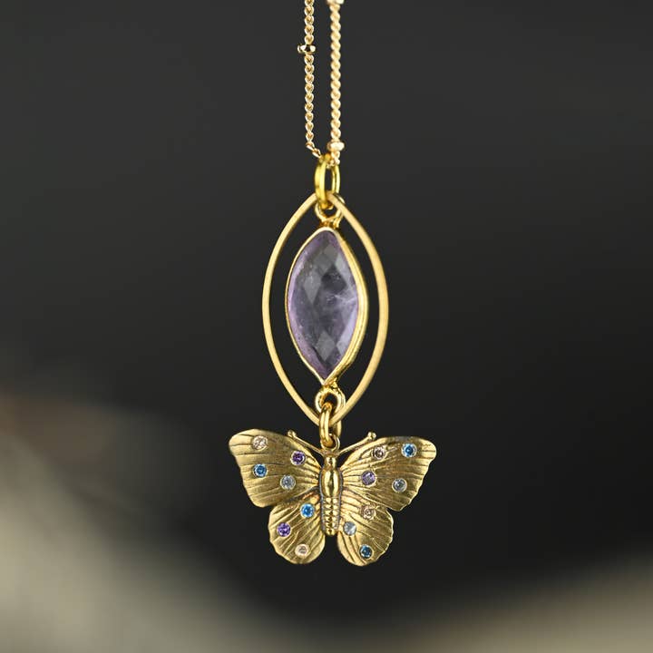 KBD Studio - Wholesale Pendant/Charm Necklace - Vintage Butterfly Necklace w/ Multi Stones and Semi Precious